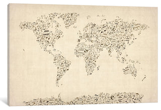 "Music Notes Map Of The World" Wrapped Canvas Print, 40x26x1.5