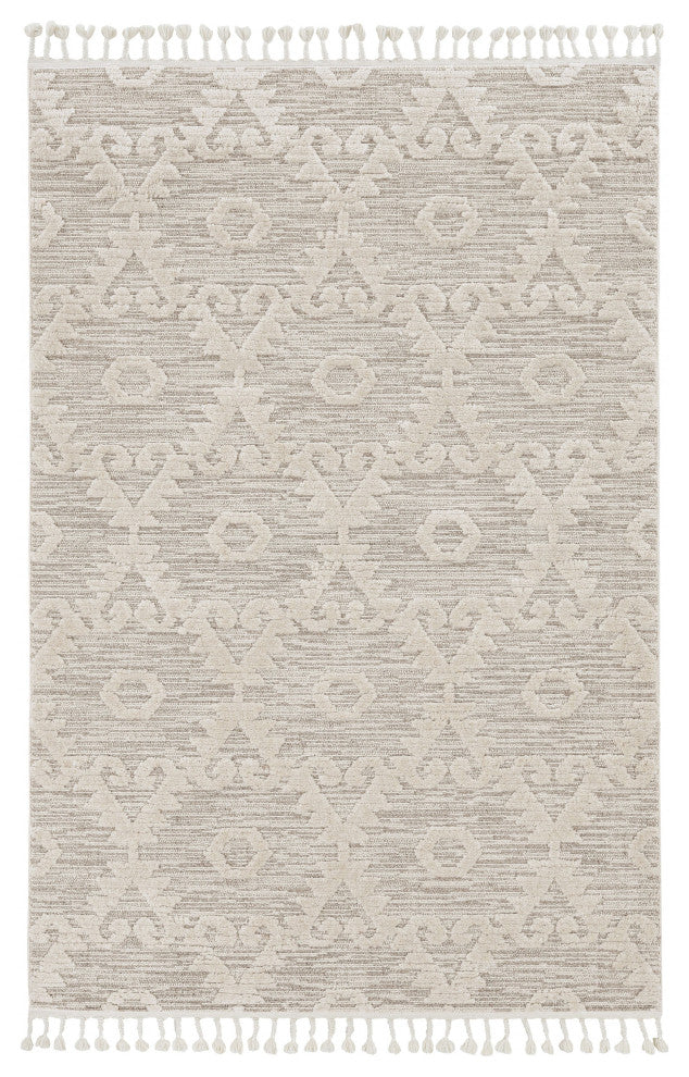 12'x15' Ivory Beige Machine Woven Geometric With Fringe Indoor Area Rug