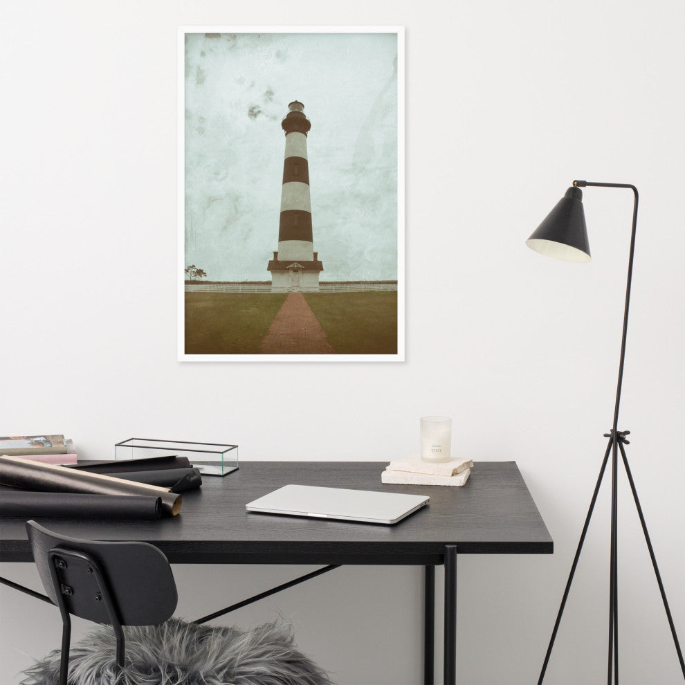 Aged Bodie Lighthouse Landscape Framed Photo Paper Wall Art Prints, White, 24" X 36"