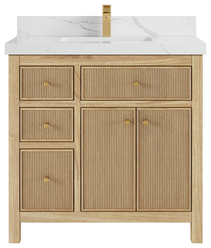 Sonoma 36 Center Sink Bath Vanity in Light Natural Teak with 2" Calacatta Laza