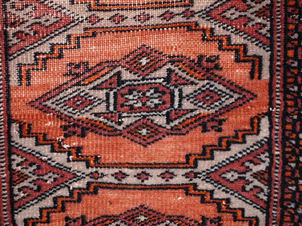 Handmade Vintage Uzbek Bukhara distressed Rug, 2.4'x4.3', 75cmx132cm 1960s
