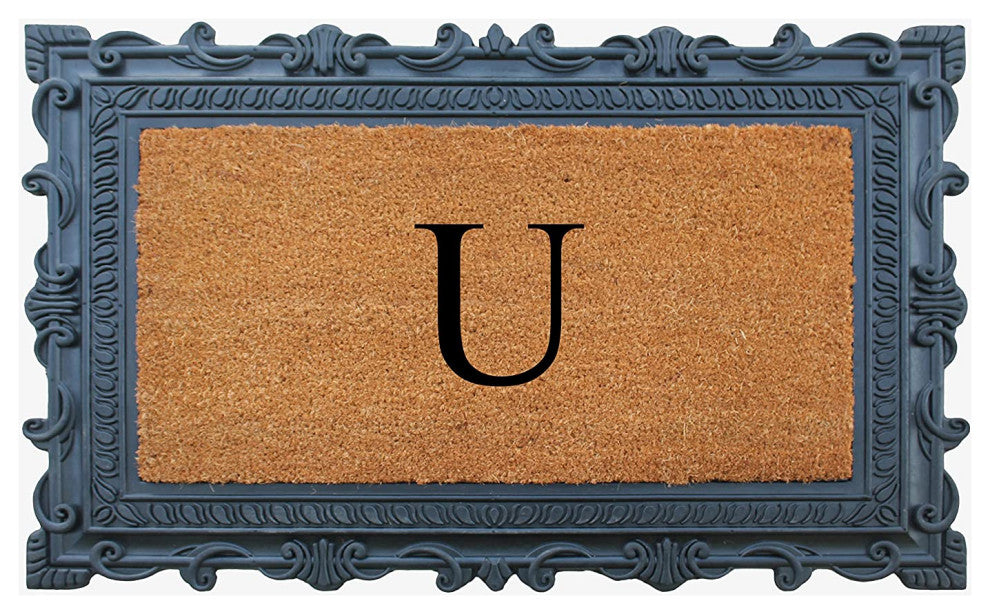 Carson Black/Beige Rubber And Coir 24"x36", Monogrammed Doormat, U