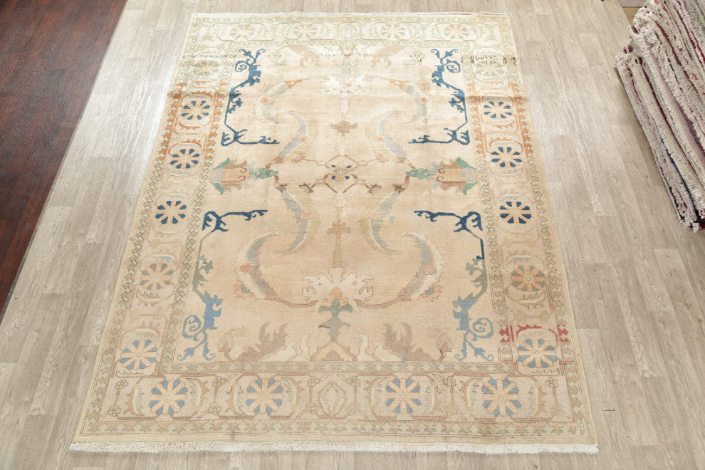 Consigned, Traditional Vintage Handmade Persian Distressed Area Rug, Beige, 8x11