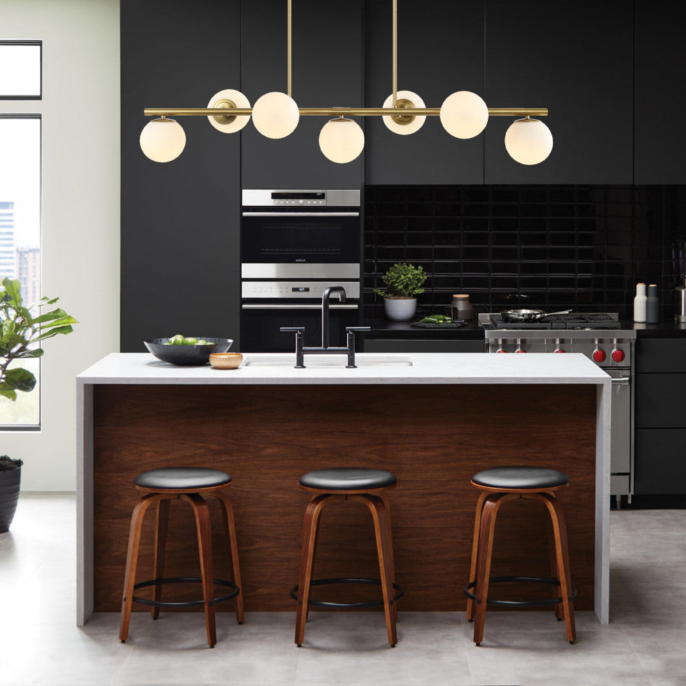 Luca Parisian 53" 7-Light Modern Iron Globe Linear LED Pendant, Brass Gold/White