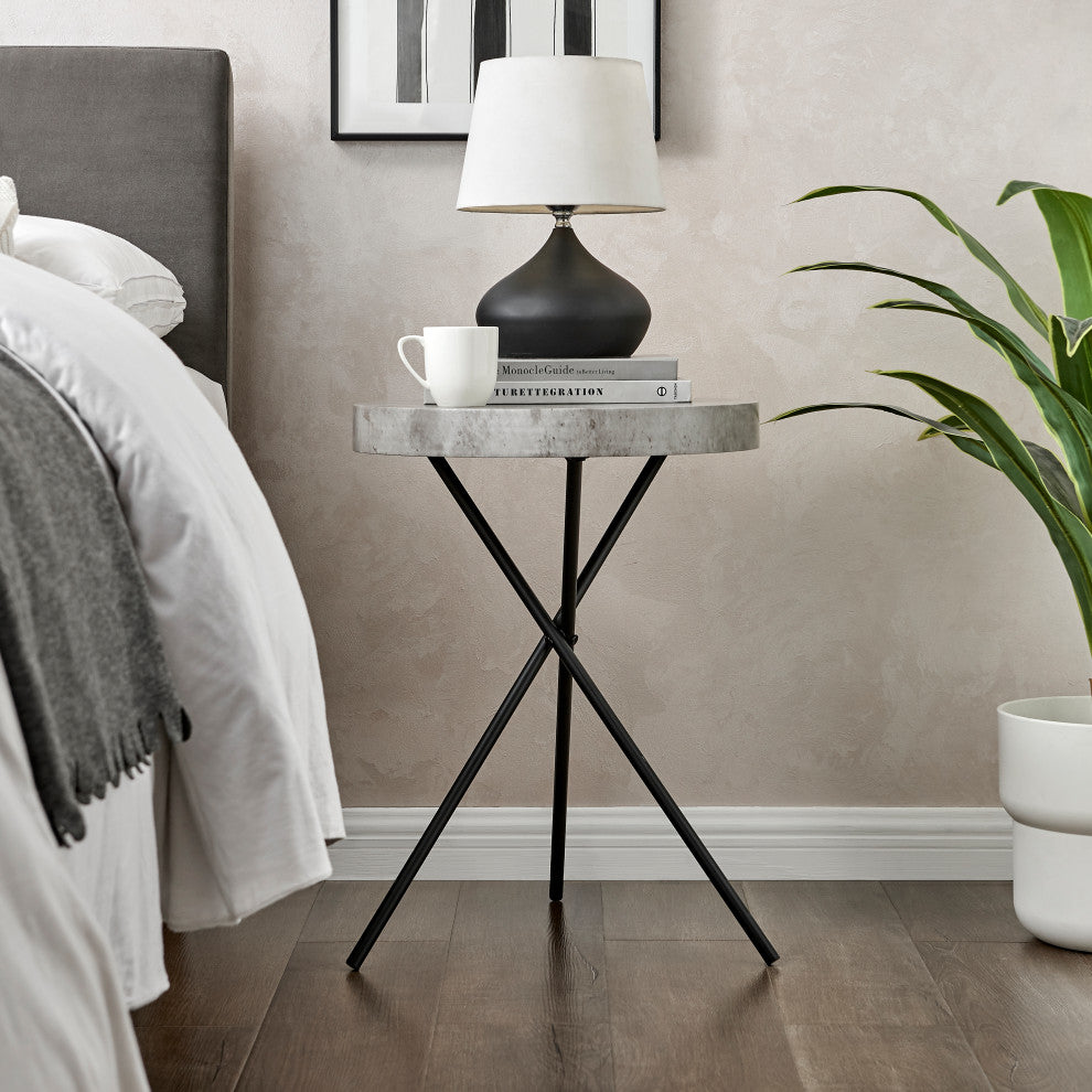 Circular Modern Grey Concrete Finish Black Metal Legs Accent Table