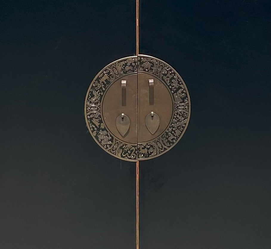 Black Lacquer Zodiac Moon Face Hardware Credenza Storage Cabinet