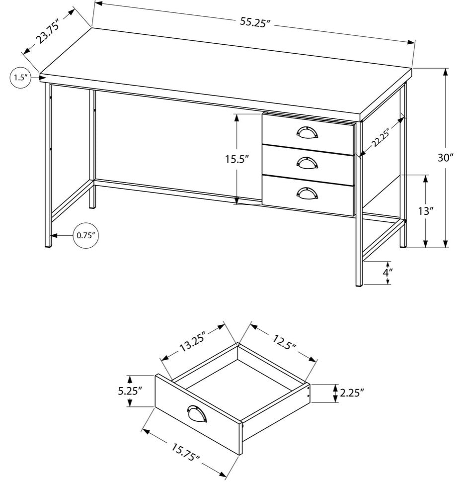 24" Grey Rectangular Computer Desk With Three Drawers