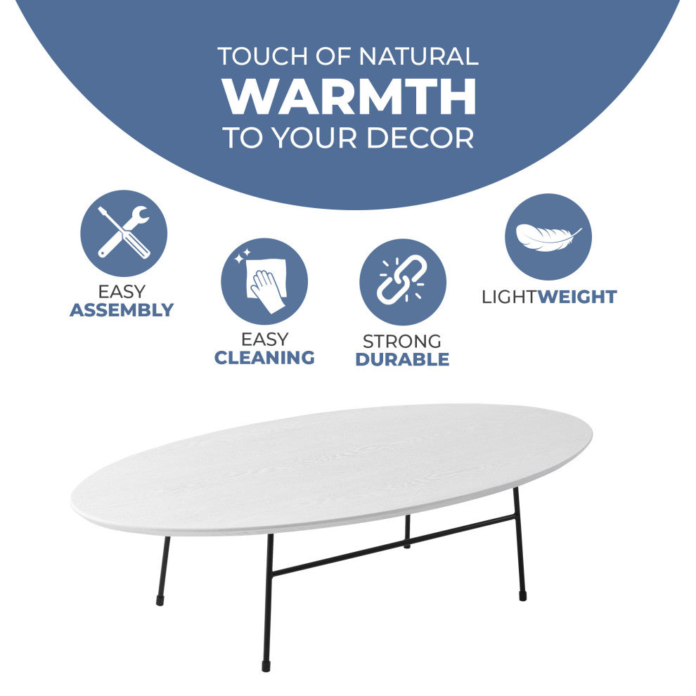 LeisureMod Rossmore Oval Coffee Table with Black Steel Frame, White