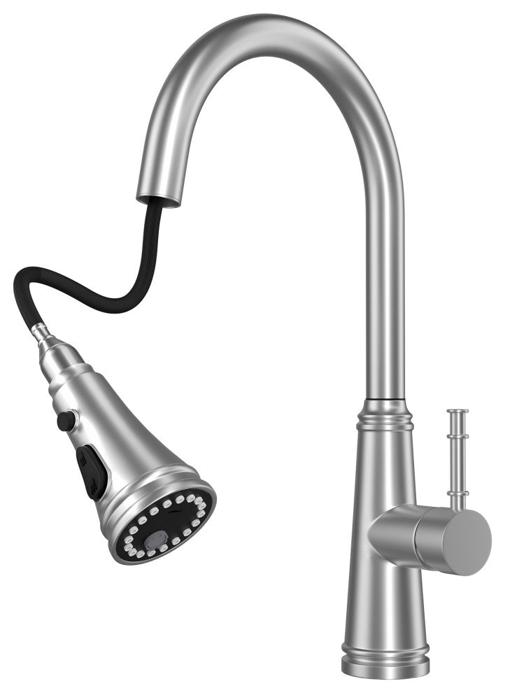 Single Handle Deck Mounted High Arc Pull Out Stainless Steel Kitchen Faucet, Bru