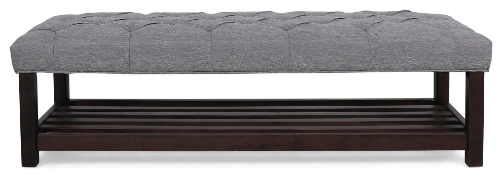 Pelon Contemporary Button Tufted Bench With Shelf, Gray/Dark Walnut