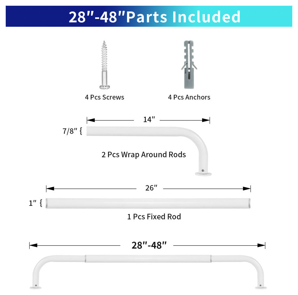 Energy Saving Wrap Around Black Out Return Adjustable Window Curtain Metal Rod, Glossy White, 28"-48"