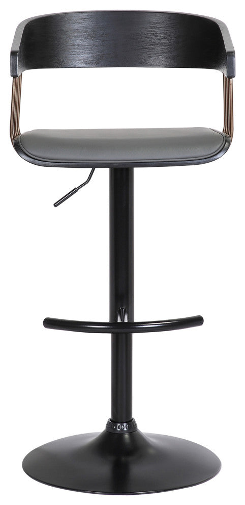 Larisa Adjustable Black Wood Bar Stool Gray Faux Leather Bronze and Black Metal