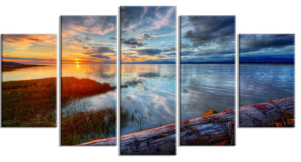 Colorful River Sunset With Log, Large Seashore Canvas Print, 60"x32", 5 Panels
