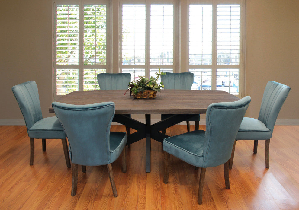 Felix 7-Piece Dining Set With 82" Dining Table and 6 Teal Velvet Chairs
