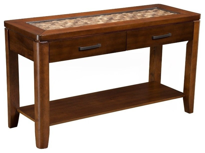 Sofa Table With Glass Insert Top And Drawers Brown