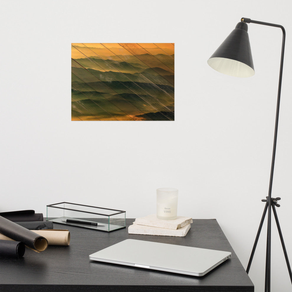 Faux Wood Foggy Mountain Layers at Sunset Landscape Unframed Wall Art Prints, 12" X 16"