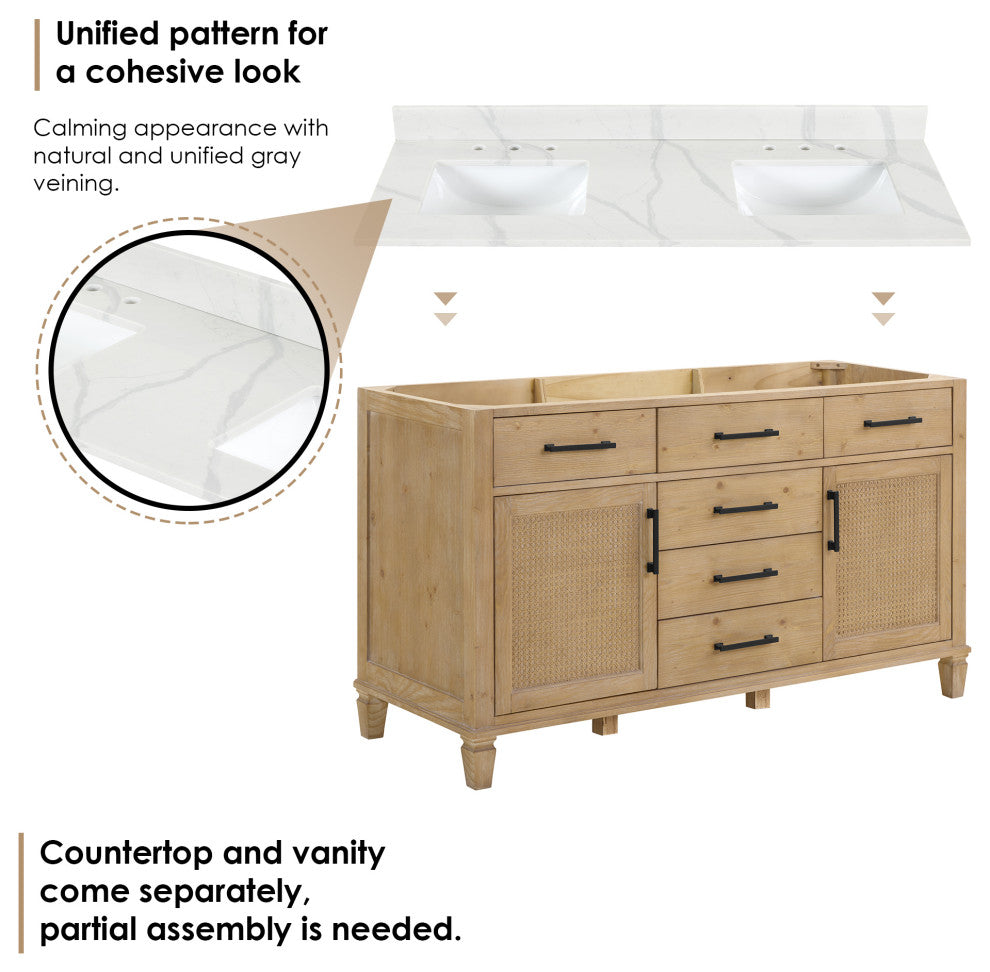 Solana Bathroom Vanity with Calacatta White Quartz Stone Countertop, Weathered Fir, 60", Without Mirror