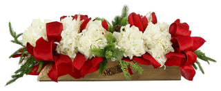 Hydrangea Holiday Arrangement with Bows in a Wood Planter