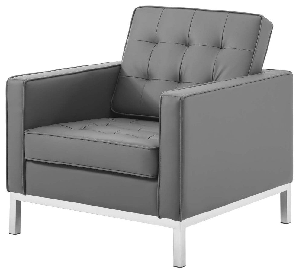 Tufted Armchair and Loveseat Sofa Set, Faux Leather, Silver Gray, Modern