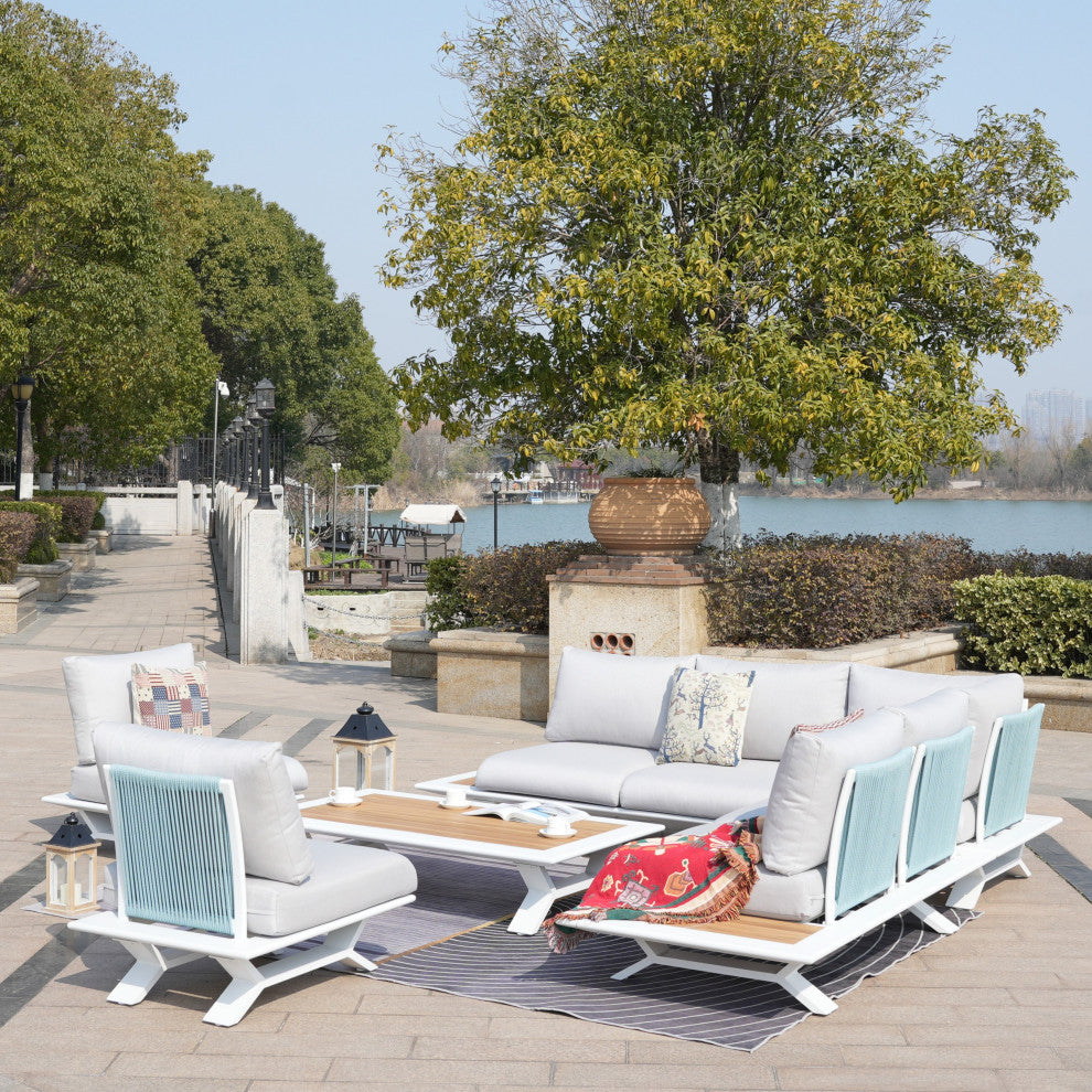6 Piece Patio Aluminum Open Tube Sofa Set With Coffee Table, White