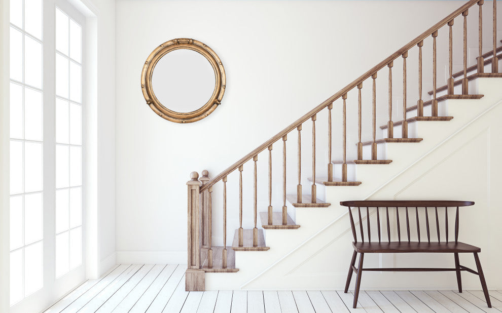 22" Round Metal Porthole Framed Wall Mirror, Gold