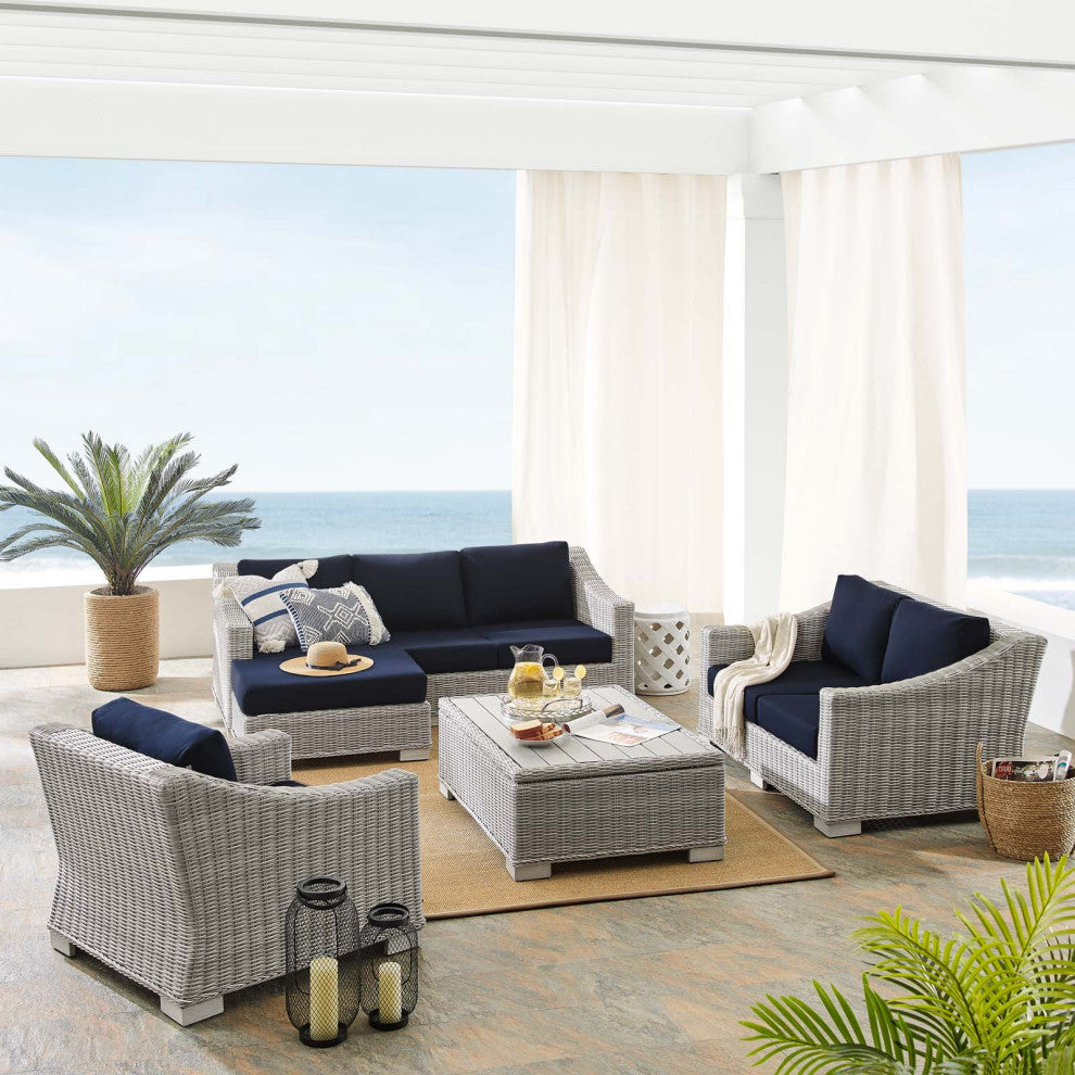 Lounge Sofa Chair Table Set, Rattan, Wicker, Gray Blue Navy, Outdoor