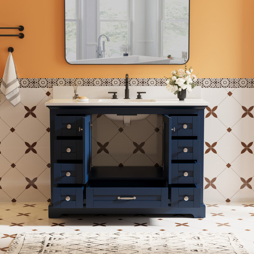 48" Freestanding Bathroom Vanity with White Cultured Marble Top in White