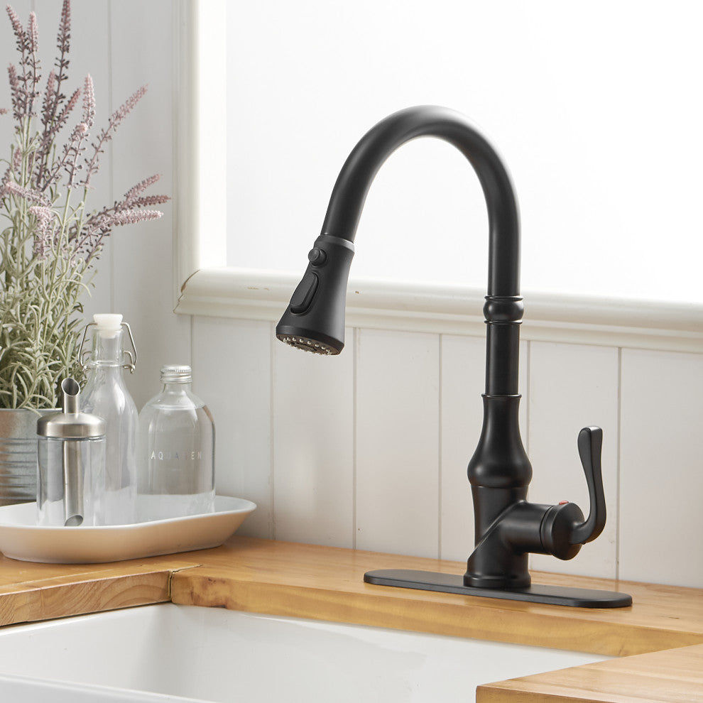 Wellfor Single Level Stainless Steel Kitchen Faucet With Pull Down Spray, Matte Black