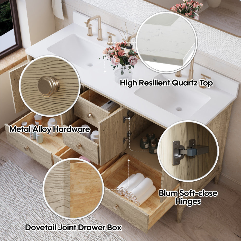 Solid Wood Bathroom Vanity with Carrara White Quartz Top in Oak, 60 Inch