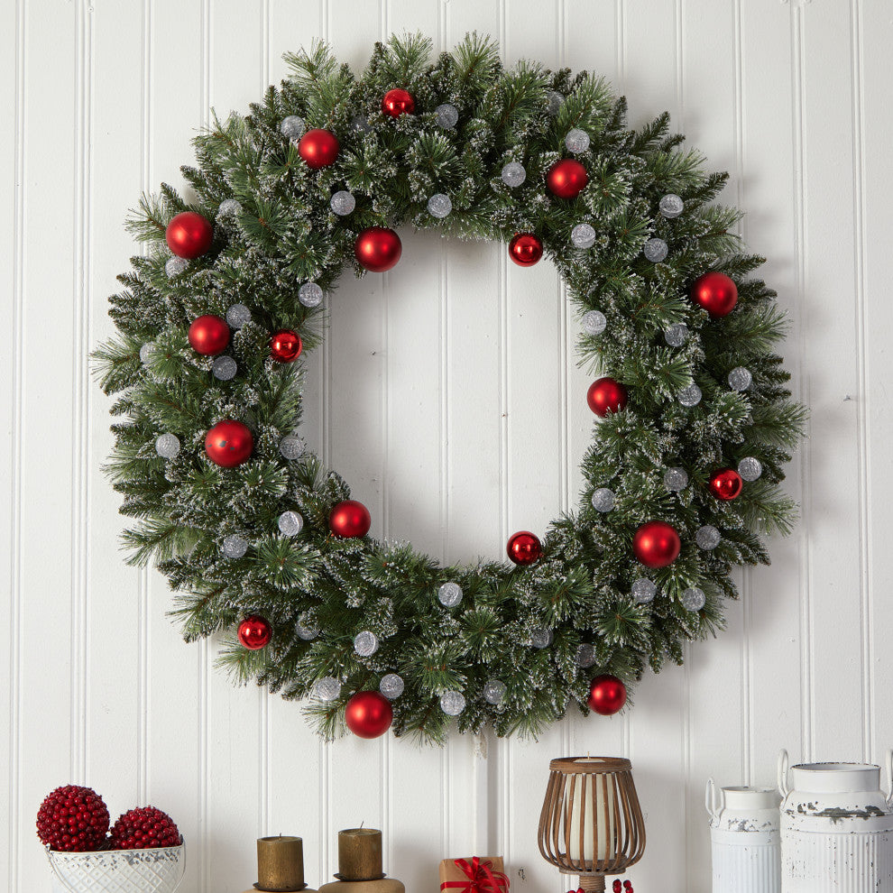 4' Oversized Pre-Lit Frosted Holiday Xmas Wreath W/ Ornaments & Globe Lights
