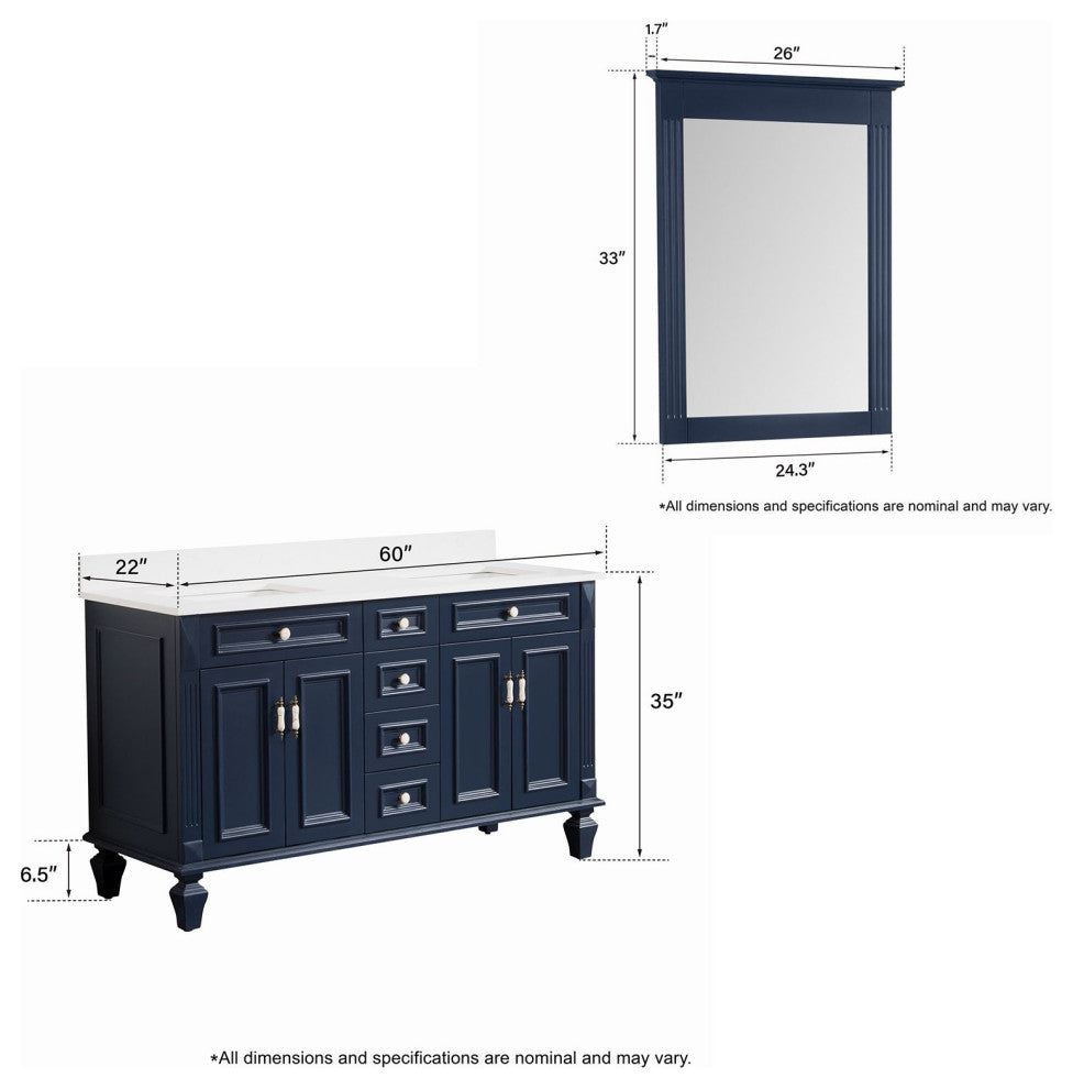 60 In Bathroom Vanity Set with 2Pcs 26 Inch Mirrors, Quartz Top, cUPC Certified, Navy Blue