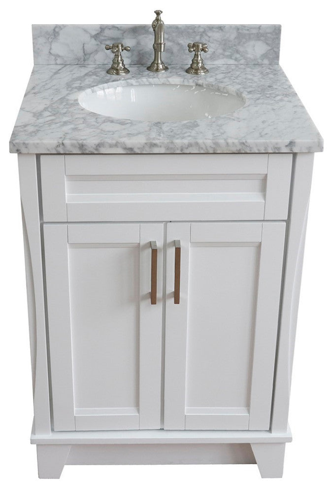 25" Single Sink Vanity, White Finish With White Carrara Marble And Oval Sink