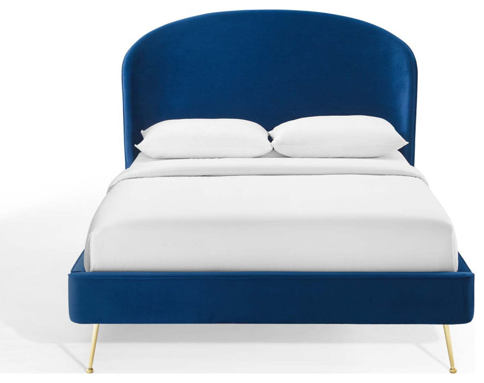 Platform Bed Frame, Queen Size, Velvet, Blue Navy, Modern Contemporary, Bedroom