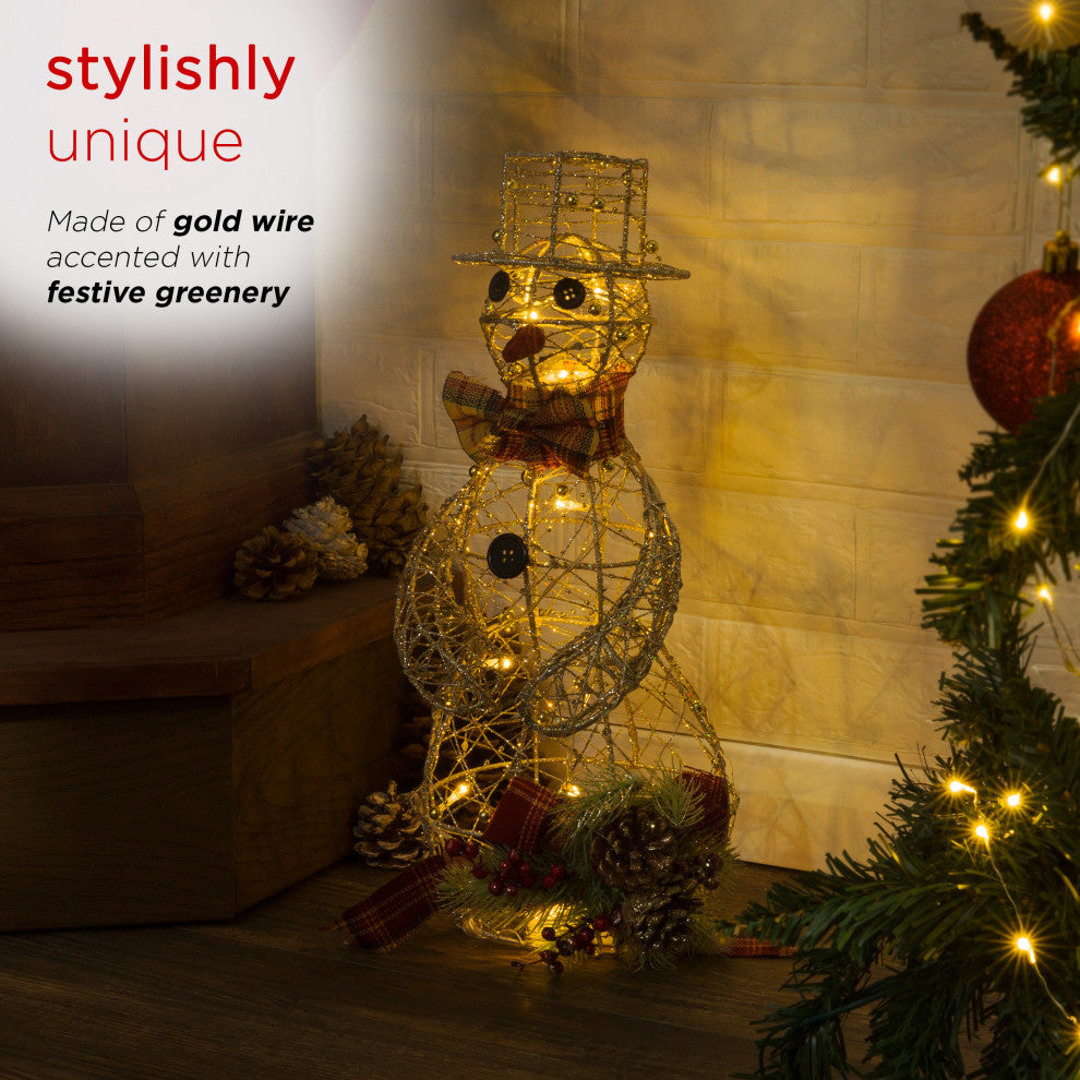 Gold Wire Snowman DÃ©cor with Warm White LED Lights, 9"l X 8"w X 18"h (Small)