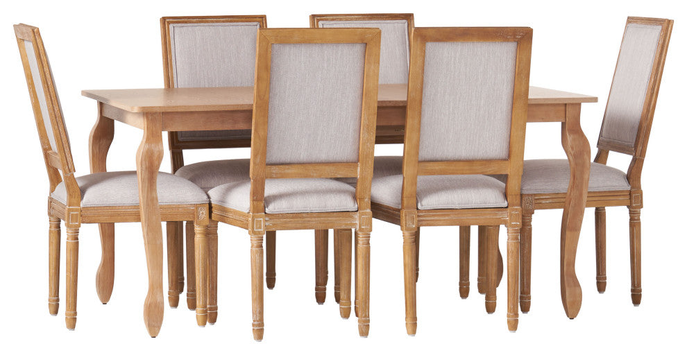 Fernleaf French Country Fabric Upholstered Wood Expandable 7-Piece Dining Set, Natural Brown/Light Gray