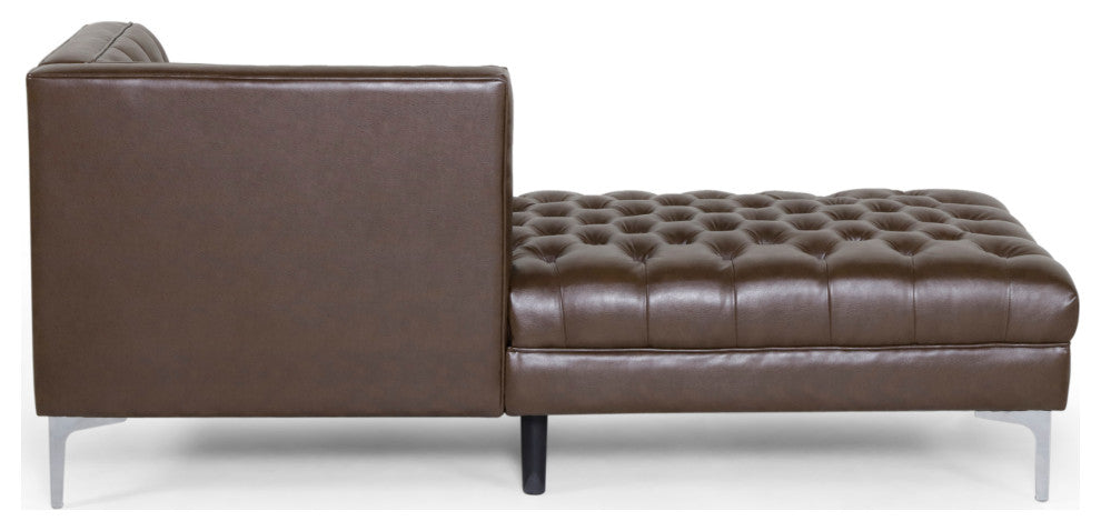 Bluffton Contemporary Tufted One Armed Chaise Lounge, Dark Brown + Silver