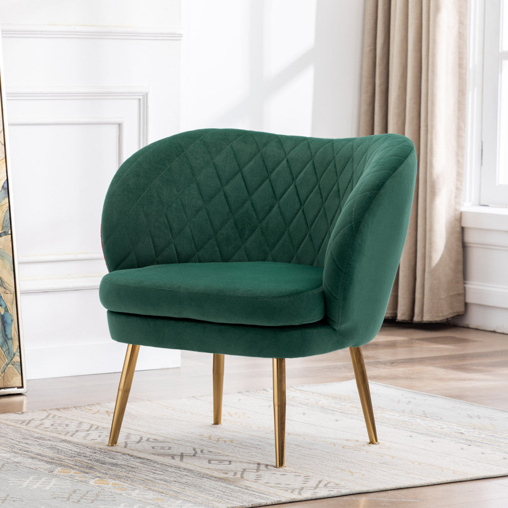 Glam Upholstered Velvet Barrel Accent Chair, Dark Green