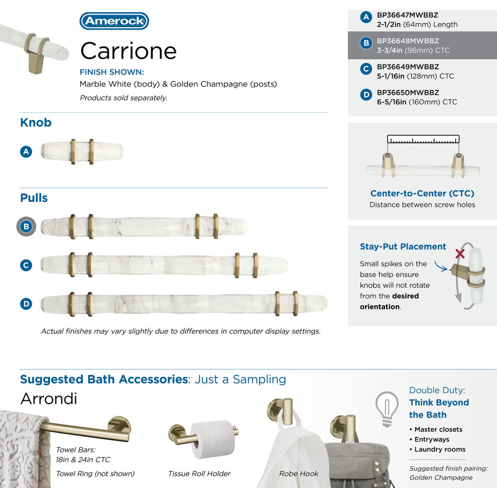 Carrione Cabinet Pull, Marble White/Golden Champagne, 3-3/4" Center-to-Center