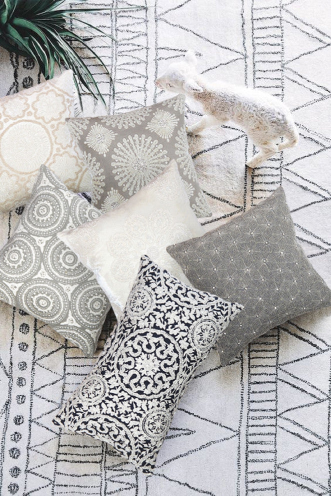Naples Embroidered Pillow, Ivory/Silver