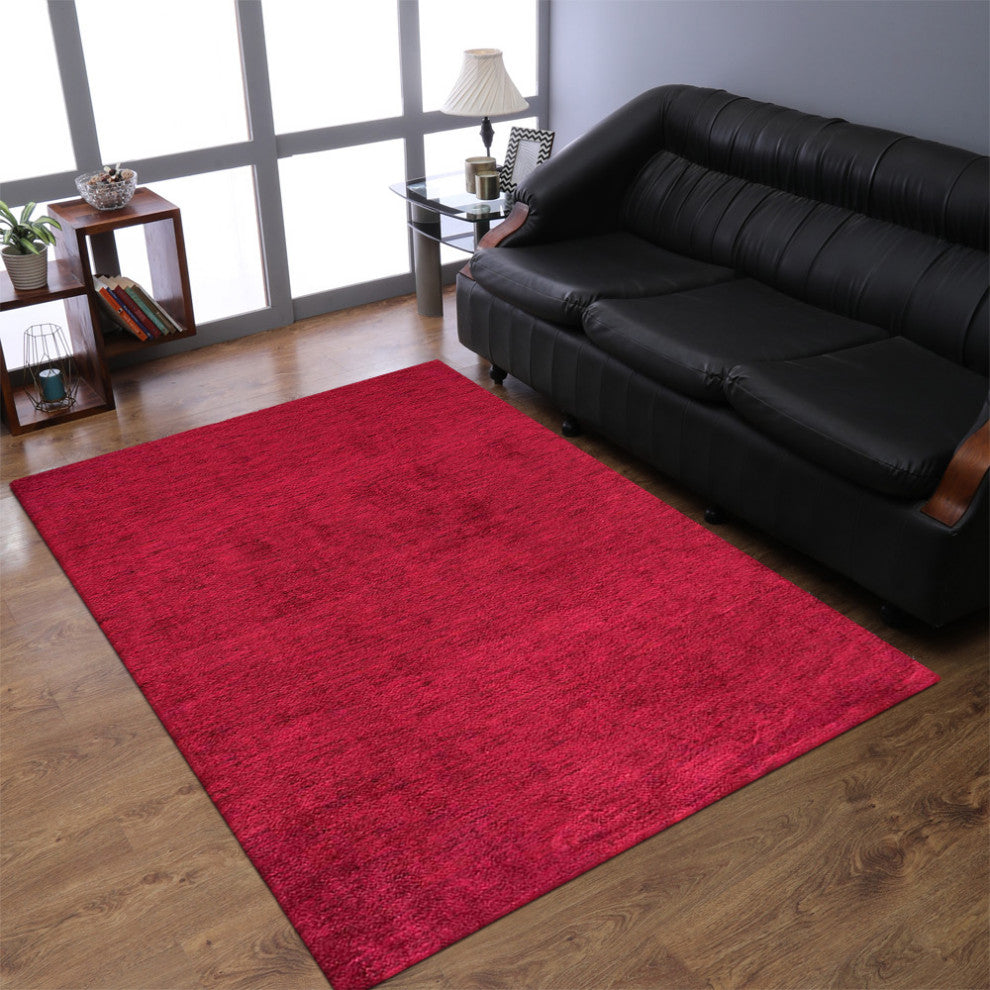 Hand Knotted Loom Silk Area Rug Solid Dark Red