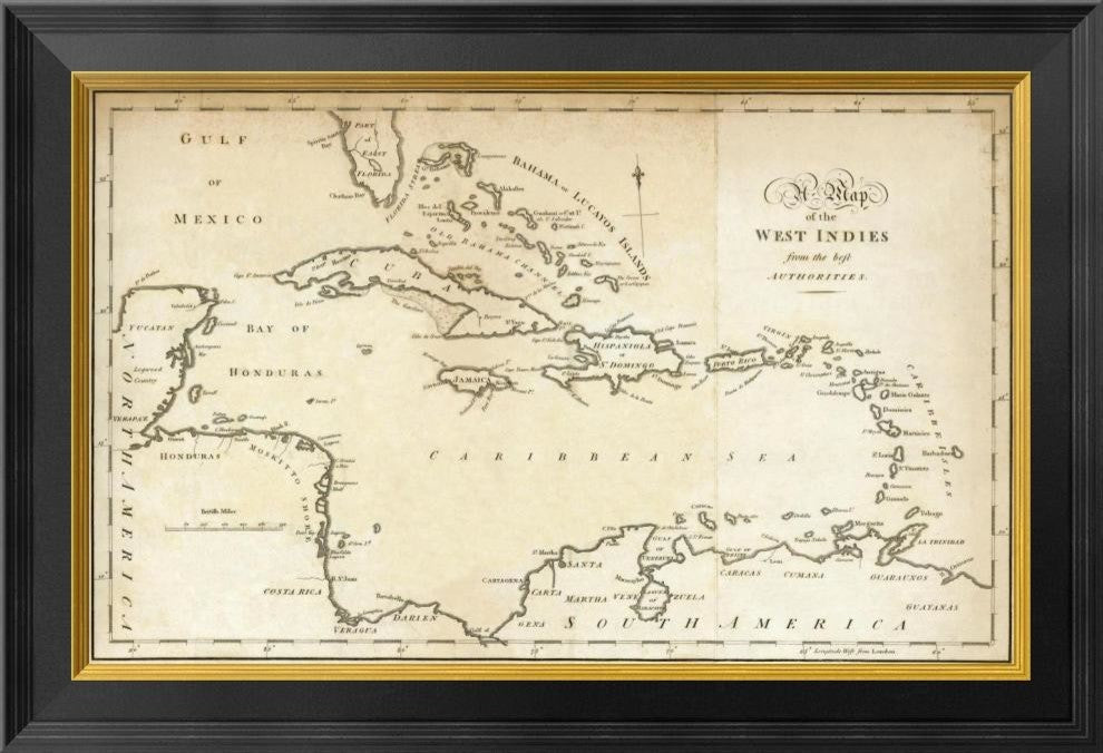 "Map of the West Indies, 1794" Framed Canvas Giclee by Jedidiah Morse, 26"x18"