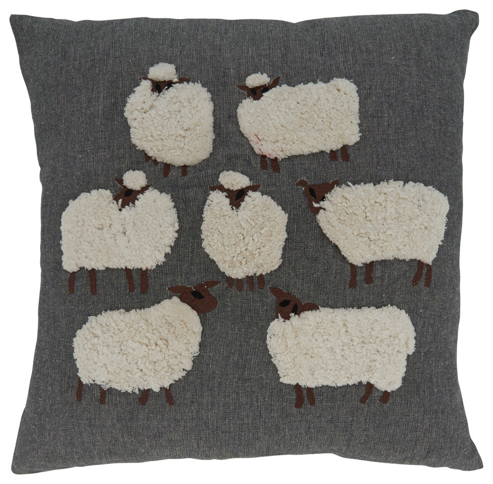 Throw Pillow Cover With Embroidered Sheep Design, 18"x18", Grey