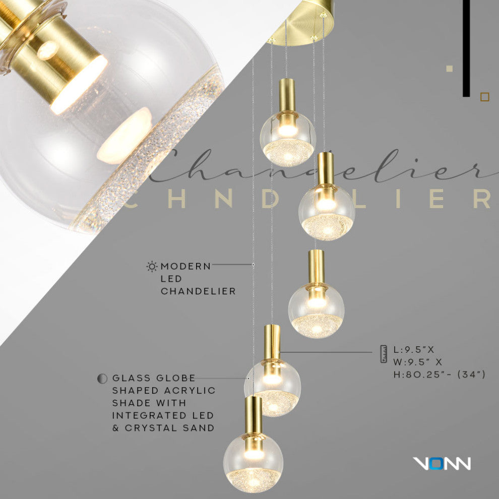Sienna 5-Light ETL Certified Integrated LED Chandelier Lighting Fixture, Brass