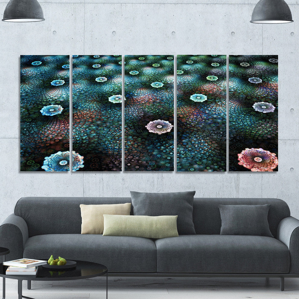 Blue Flowers on Alien Planet, Floral Canvas Art Print, 60"x28", 5 Panels