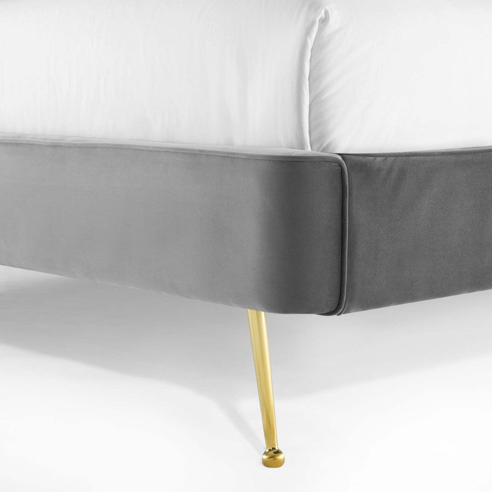 Platform Bed Frame, Queen Size, Velvet, Gray, Modern Contemporary, Bedroom