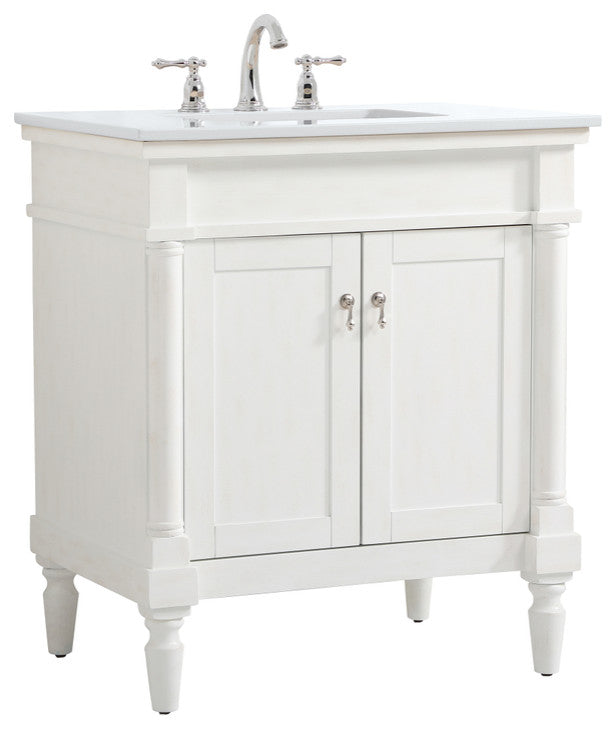 Home Living 30" Single Vanity, Antique White With Engineered Marble Top