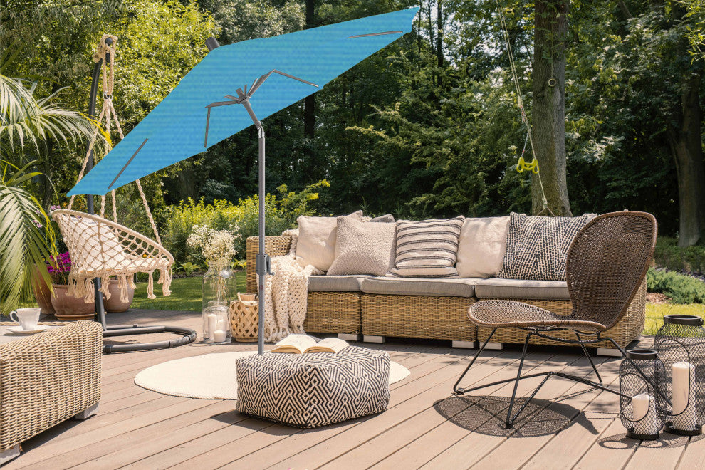 9' Round Push Tilt Market Umbrella, Grey Frame, Sunbrella, Capri