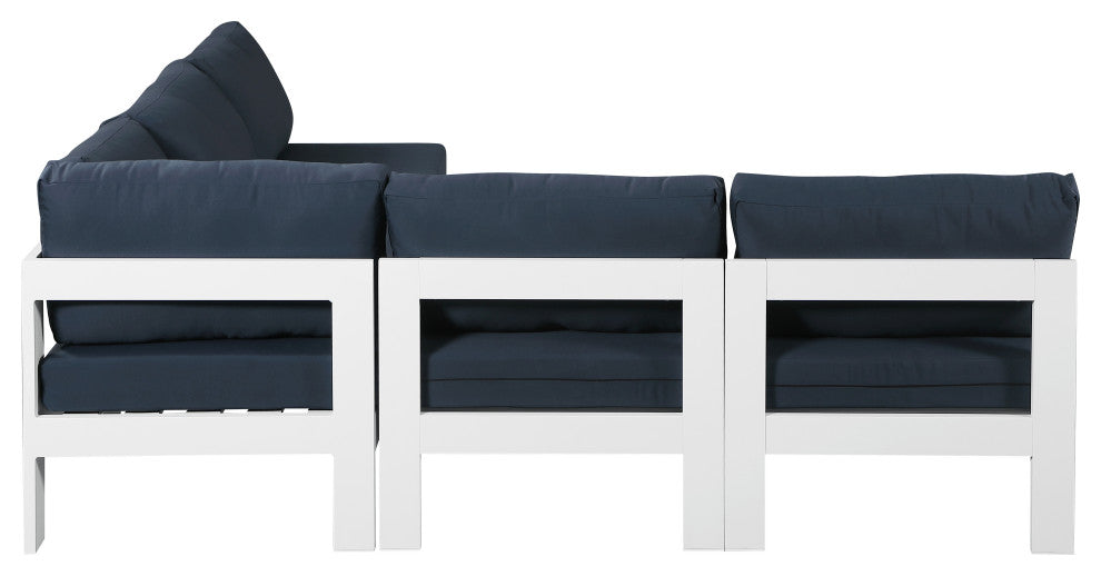 Nizuc Water Resistant Patio L-Shaped Modular Sectional, Navy, 5-Piece: 4 Armless Chair, 1 Corner Chair, White Aluminum Frame