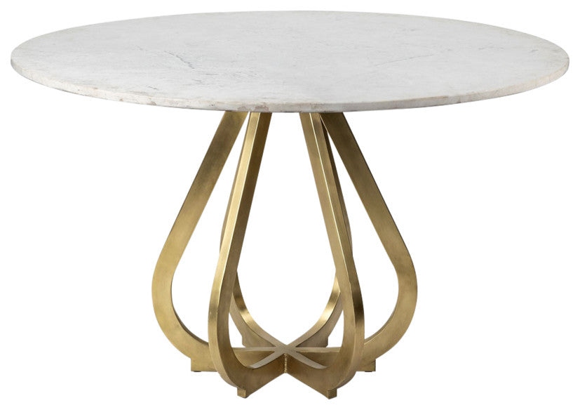 48" White And Gold Rounded Marble And Metal Pedestal Base Dining Table