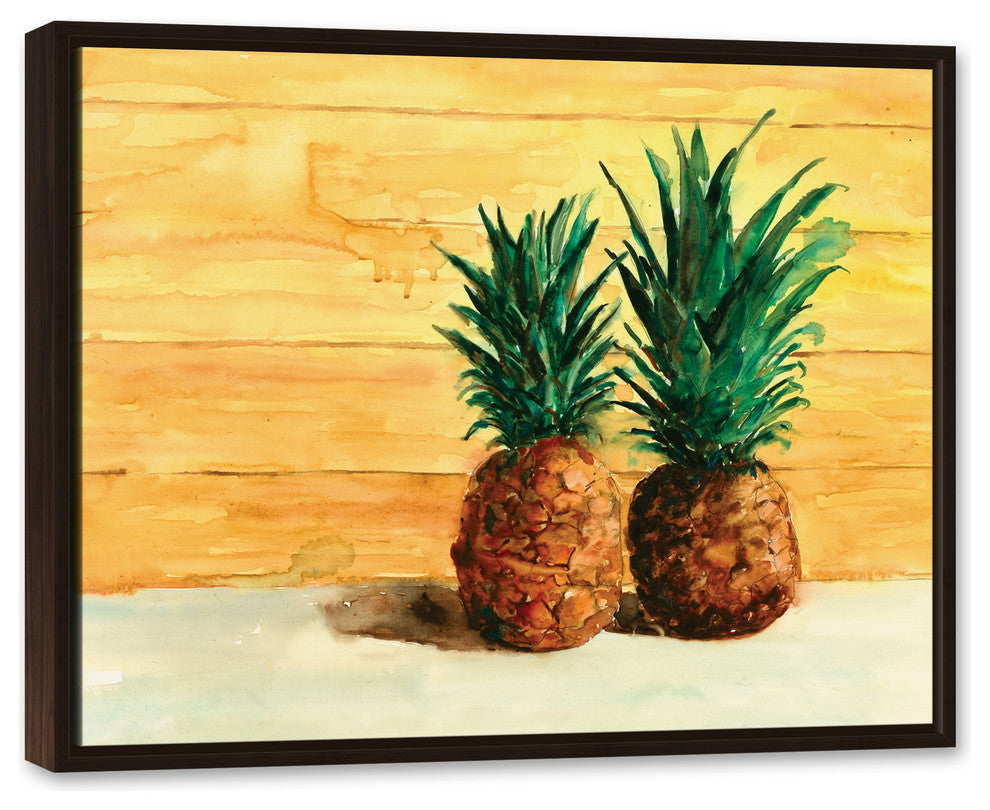 Tropical Beached Pineapple Pair  24x30 Walnut Floating Framed Canvas
